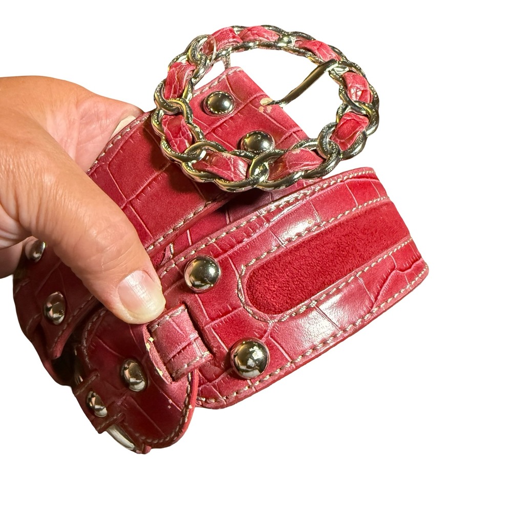 Kathy Van Zeeland Belt Womens Medium Red Croco Embossed Studded Y2K Accessory